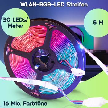 Preview: LED Streifen, WLAN, RGB, 5m, 150 LEDs, 16 Mio Farben, Fernbedienung, App-, Sprach- u. Sound-Steuerung, komp. zu Google, Siri, Alexa, Tuya 