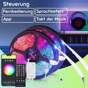 Preview: LED Streifen, WLAN, RGB, 10m, 300 LEDs, 16 Mio Farben, Fernbedienung, App-, Sprach- u. Musik-Steuerung, komp. zu Google, Siri, Alexa, Tuya 