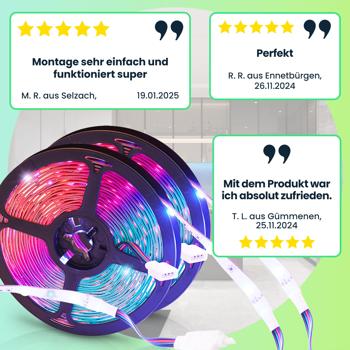 Preview: LED Streifen, WLAN, RGB, 10m, 300 LEDs, 16 Mio Farben, Fernbedienung, App-, Sprach- u. Musik-Steuerung, komp. zu Google, Siri, Alexa, Tuya 