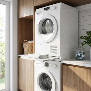 Preview: Zwischenbaurahmen mit Auszug (60x60cm, weiss): Metallrahmen für Waschmaschine & Trockner, platzsparende Stapelung + ausziehbare Arbeitsfläche