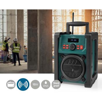 Preview: Robustes DAB+ Baustellenradio mit Bluetooth – IP65 wetterfest, 15W, Batterie oder Netzbetrieb, grün-schwarz, für Baustelle & Werkstatt