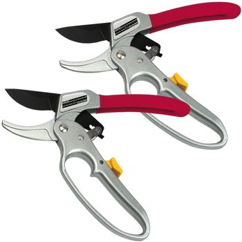 Preview: 2er-Set Ratschen-Gartenschere - Weniger Kraftaufwand, präzise Schnitte für Holz & Sträucher - Gehärtete Stahlklinge, Alu-Griffe, 25x9.5x2 cm - 220g