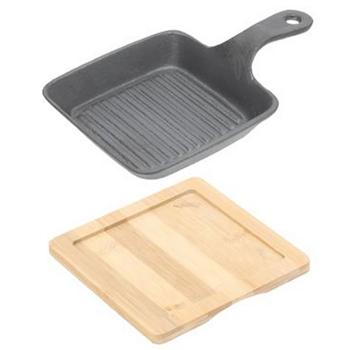 Preview: 2er-Set Quadratische Servierpfanne aus Gusseisen, 2 Henkel, Bambusbrett als eleganter Untersetzer, Ø 15cm, hochwertige flache Pfanne - Flair pur
