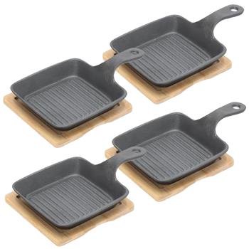 Preview: 4er-Set Quadratische Servierpfanne aus Gusseisen, 2 Henkel, Bambusbrett als eleganter Untersetzer, Ø 15cm, hochwertige flache Pfannen - Flair pur
