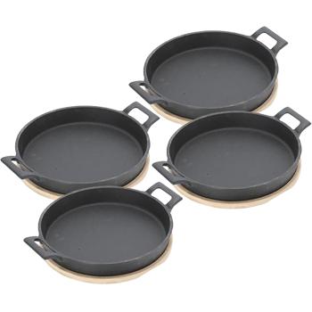 4er-Set Hochwertige runde Servierpfanne aus Gusseisen, 2 Henkel, Bambusbrett als eleganter Untersetzer, Ø 18,5 cm, massive moderne Pfanne - Flair pur