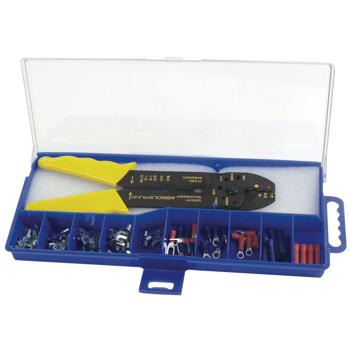 Preview: Kabelschuh-Set inkl. Klemmzange - 100-teilig Sortiment - lötfreie elektrische Kabelverbindungen - Abisolieren, Schneiden, Quetschen - Plastikkassette