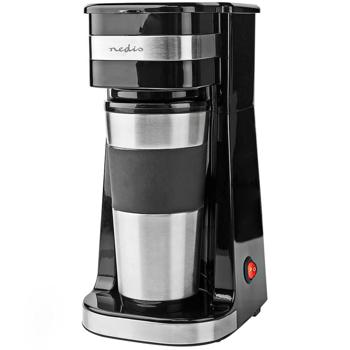 Preview: Stilvolle Edelstahl Filterkaffeemaschine (750W) mit 400ml Kaffee-To-Go-Becher – Silber-schwarzes Design – Für genussvollen Kaffee, überall