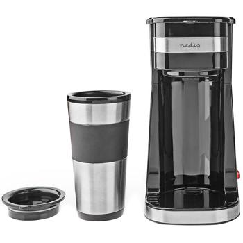 Preview: Stilvolle Edelstahl Filterkaffeemaschine (750W) mit 400ml Kaffee-To-Go-Becher – Silber-schwarzes Design – Für genussvollen Kaffee, überall