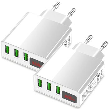Preview: 2er-Set Intelligentes 3-Port USB-Ladegerät mit LED-Anzeige, weiss - Schnellladefunktion, Überstromschutz - Kompatibel mit Windows, Android, iOS
