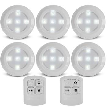 Preview: LED Touch-Spotlights 6er-Set selbstklebend - Kabellose dimmbare Schrankbeleuchtung mit Fernbedienung & 30-Minuten-Timer - Neutralweiss - Ø 9x2cm