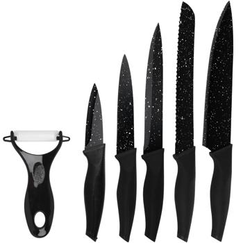 Preview: Küchen-Messerset 6-teilig - 5 scharfe Messer & Schäler für vielseitige Gerichte - Antihaftbeschichtet - Schwarz - Langlebig & leicht zu reinigen