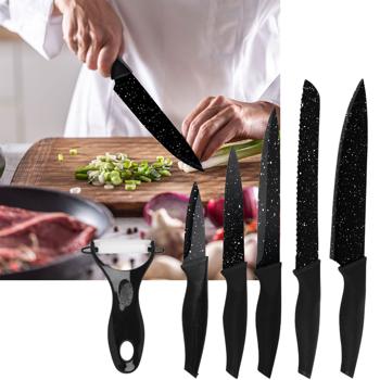 Küchen-Messerset 6-teilig - 5 scharfe Messer & Schäler für vielseitige Gerichte - Antihaftbeschichtet - Schwarz - Langlebig & leicht zu reinigen