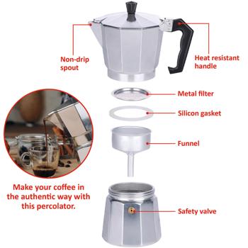 Preview: Kaffeekocher Aluminium - für 6 Tassen - 300 ml Füllmenge - Herdplatten geeignet (ausser Induktion) - ideal für Zuhause, Camping, Reisen