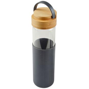 Glas- und Bambusflasche - Silikonschutz für heisse und kalte Getränke - 0,55L Fassungsvermögen - Anthrazit Silikon - Ideal für Uni, Büro & Park