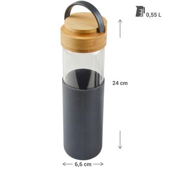 Preview: Glas- und Bambusflasche - Silikonschutz für heisse und kalte Getränke - 0,55L Fassungsvermögen - Anthrazit Silikon - Ideal für Uni, Büro & Park