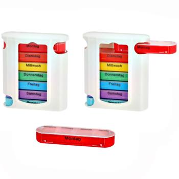 Preview: 4er-Set Medikamenten-Boxen - 7 Tage Pillendose mit 4 Fächern pro Tag - Bunte Regenbogenfarben - Masse: 11.5x4.3x13 cm - Mit Haltebox für optimale Ordnung
