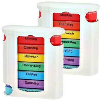 2er-Set Medikamenten-Boxen - 7-Tages Pillenboxen mit 4 Fächern pro Tag - Optimal für Wochenaufbewahrung - Bunt - 11.5x4.3x13 cm - Nie mehr vergessen