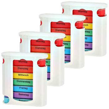 4er-Set Medikamenten-Boxen - 7 Tage Pillendose mit 4 Fächern pro Tag - Bunte Regenbogenfarben - Masse: 11.5x4.3x13 cm - Mit Haltebox für optimale Ordnung