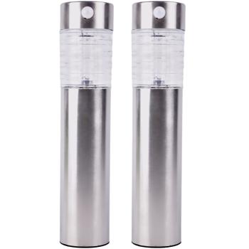 Preview: 2er-Set Solar-Gartenlampe mit Bewegungssensor - Säulen Wegleuchte Edelstahl, 28cm hoch, Dämmerungssensor, solarbetrieben, für Garten & Hof