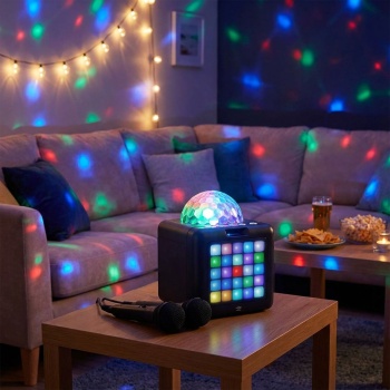 Preview: Karaoke-Maschine inkl. 2 Mikrofone - Mobile Spassmaschine für Partys - Bluetooth, USB-C, Akkubetrieb 1200 mAh, Lichteffekte, 1.3 kg