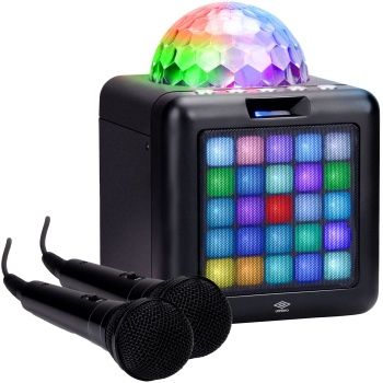 Karaoke-Maschine inkl. 2 Mikrofone - Mobile Spassmaschine für Partys - Bluetooth, USB-C, Akkubetrieb 1200 mAh, Lichteffekte, 1.3 kg