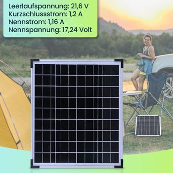 Preview: Solarpanel monokristallin 20W, 21,6V – Photovoltaik Solarmodul mit 3,5m Kabel für 12 V Batterien in Wohnmobil, Gartenhaus, Boot & Outdoor