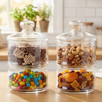 Preview: 2er-Set Glasbehälter mit 2 Ebenen - Präsentation von Gebäck Süssigkeiten Pralinen - Ø 16cm, 28cm hoch - Hygienisch mit Deckel