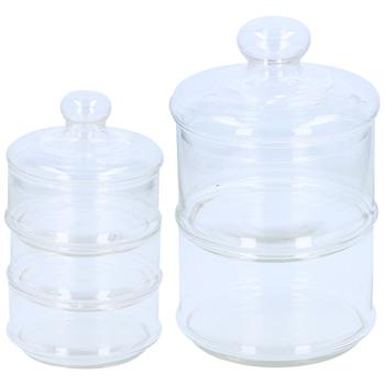 Preview: Aufbewahrungsglas-Set mit 2 und 3 Ebenen - Hygienische Glasbehälter für Gebäck, Süssigkeiten & Pralinen - Ø 16x28 cm & Ø 12x23 cm mit Deckel