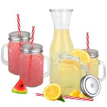Trendiges Glas-Set: Karaffe mit 4 Trinkgläsern, Deckel & Strohhalmen. Perfekt für Cocktails, Eistee, Limonade & Tee. Hochwertig & designstark