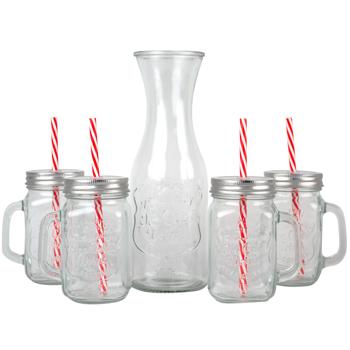 Preview: Trendiges Glas-Set: Karaffe mit 4 Trinkgläsern, Deckel & Strohhalmen. Perfekt für Cocktails, Eistee, Limonade & Tee. Hochwertig & designstark