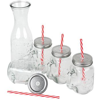 Preview: Trendiges Glas-Set: Karaffe mit 4 Trinkgläsern, Deckel & Strohhalmen. Perfekt für Cocktails, Eistee, Limonade & Tee. Hochwertig & designstark