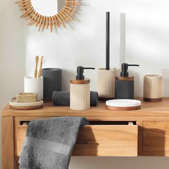 Preview: Seifenschale Anthrazit - Hochwertig, ästhetischer Blickfang für jedes Badezimmer - Keramik mit Akazienholzstreifen, 14 x 9,5 cm, robust