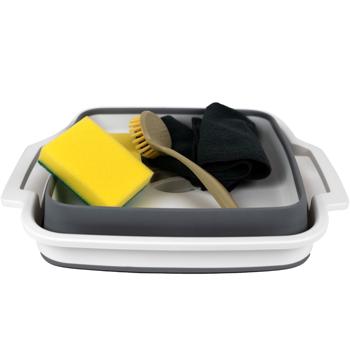 Preview: Faltbares Geschirrspül-Set - Hygienische Abwaschschüssel mit 9L Ablauf & Griffen - Inkl. Schwämme, Tücher, Spülbürste - Ideal für Camping & Küche