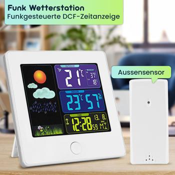Preview: Elegante Funk-Wetterstation (weiss) mit Aussensensor – Thermometer, Hygrometer, Wecker & beleuchtetes Farbdisplay – Komfortable Wetterüberwachung