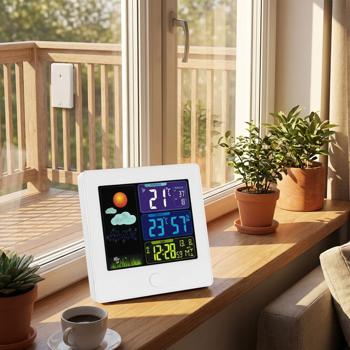 Preview: Elegante Funk-Wetterstation (weiss) mit Aussensensor – Thermometer, Hygrometer, Wecker & beleuchtetes Farbdisplay – Komfortable Wetterüberwachung