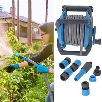 Gartenschlauch-Set (15m, anthrazit-blau): inkl. Halterung zum Aufrollen + Sprühkopf - Wandmontage möglich - für Garten, Terrasse, Balkon