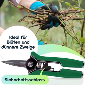 Preview: Praktische Gartenschere, 15cm, grün, Klinge aus rostfreiem Stahl - Ergonomischer Griff, für präzise Blüten- und Zweigschnitte