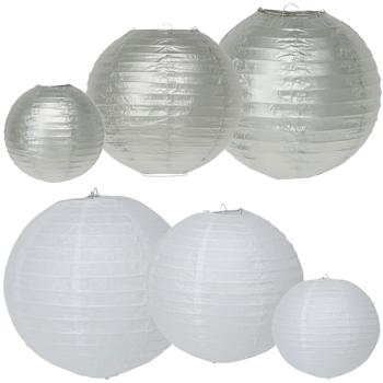 Papier-Lampions Set 6 Stück - 3 Grössen weiss & silber für Party Feste Kindergeburtstag Basteln - Mit Aufhängebügel LED-Kerzen nutzbar