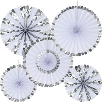 Deko-Fächer aus Papier, 5 Stück, silber und weiss, Farbenfrohe Akzente für jeden Anlass, Partydekoration, Wanddeko & vieles mehr