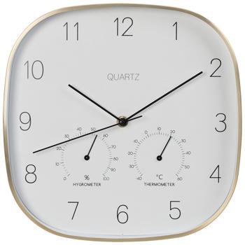 Wanduhr mit Thermo- und Hygrometer - Präzise Quarz-Uhrzeit, Raumtemperatur & Luftfeuchtigkeit für optimales Klima - Goldener Alu-Rahmen Ø 28,5 cm