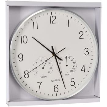 Preview: Wanduhr mit Thermo-Hygrometer - Aluminium-Rahmen silber Ø 38 cm - Präzise Zeitanzeige - Raumtemperatur-Luftfeuchtigkeit für Bad/Sauna