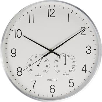 Wanduhr mit Thermo-Hygrometer - Aluminium-Rahmen silber Ø 38 cm - Präzise Zeitanzeige - Raumtemperatur-Luftfeuchtigkeit für Bad/Sauna