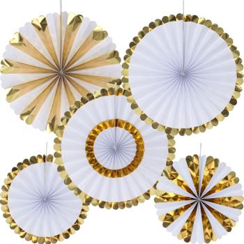 Deko-Fächer aus Papier, 5 Stück, gold und weiss, Farbenfrohe Akzente für jeden Anlass, Partydekoration, Wanddeko & vieles mehr