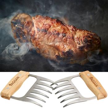 Fleischkrallen Edelstahl mit Holzgriff 2er-Set - Ideal für Pulled Pork, BBQ & Tranchieren - 6 scharfe Krallen je Tatze - Ergonomisch robust