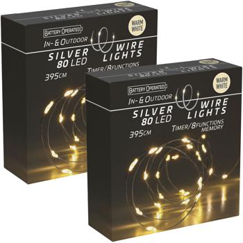 Preview: 2er-Set Silberdraht-Lichterkette, 80 LEDs, IP44, batteriebetrieben, warmweiss, L 395 cm