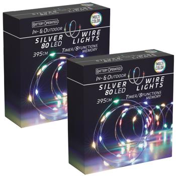 Preview: 2er-Set Silberdraht-Lichterkette Bunt – 80 LEDs, IP44 Spritzwassergeschützt für Innen & Aussen – Timer & 8 Leuchtmodi – Batteriebetrieben – L 395 cm