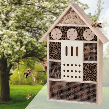 Insektenhotel, 51 x 35 x 10 cm, Nistkasten aus Naturhölzern und Zapfen für Bienen, Schmetterlinge, Käfer und andere Helfer im Garten