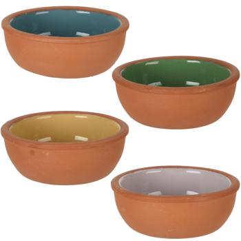 Preview: Tapas Schalen Set 4 Stück Terracotta - Ø 10x4 cm 160g je - Snackschalen mit glasierter Innenseite - Blau, Violett, Grau, Gelb - Robust & spülmaschinenfest