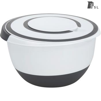 Preview: Praktische 5L Rührschüssel mit Deckel: Rutschfeste Küchenschüssel (weiss/schwarz) mit Ausgiesser & Griff für sauberes Arbeiten