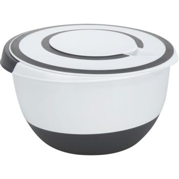 Preview: Praktische 5L Rührschüssel mit Deckel: Rutschfeste Küchenschüssel (weiss/schwarz) mit Ausgiesser & Griff für sauberes Arbeiten